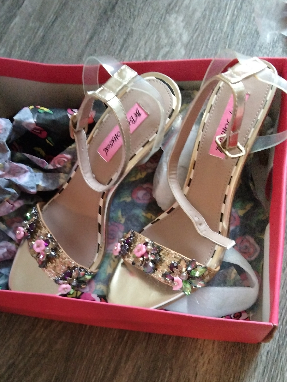 BETSEY JOHNSON- Alyna Gold Jeweled Flower Strappy Heels Size 8